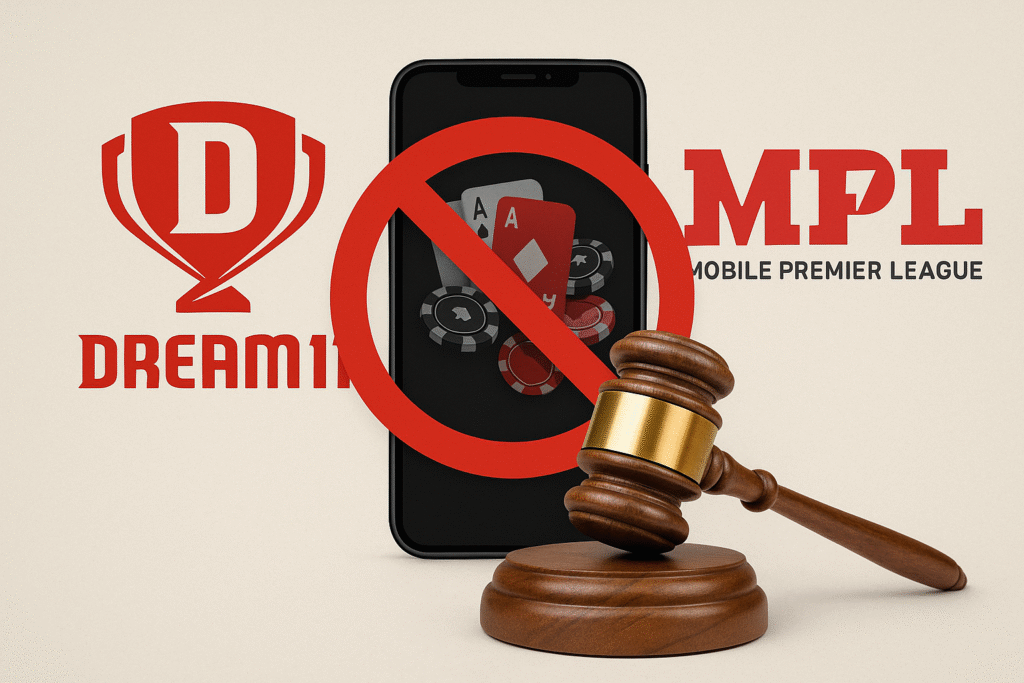 Dream11 और MPL गेमिंग ऐप्स पर बैन और कानूनी प्रतिबंध को दर्शाती इमेज, जिसमें मोबाइल, गेवेल (हथौड़ा) और रोक का चिन्ह दिखाया गया है।