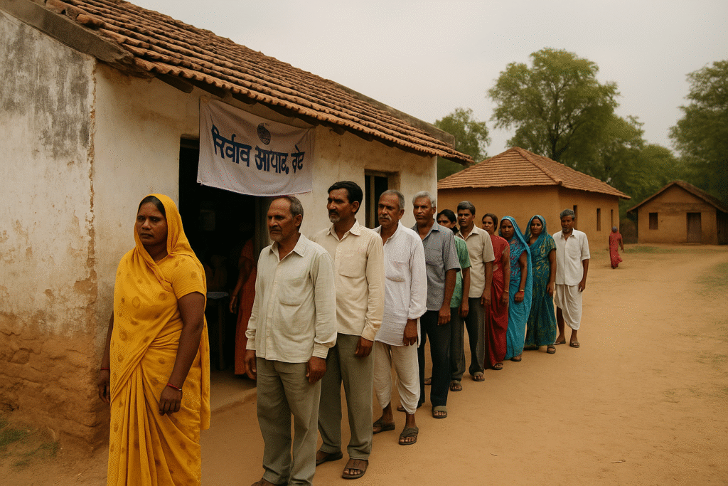 राजस्थान सरपंच चुनाव 2025 में ग्रामीण लोग ग्राम पंचायत भवन पर वोट डालने के लिए कतार में खड़े