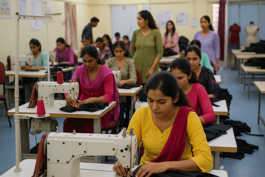 महिलाएं सिलाई प्रशिक्षण केंद्र में आधुनिक सिलाई मशीनों पर कपड़े सिलते हुए Rajasthan Computer Education Center, Khajuwala
