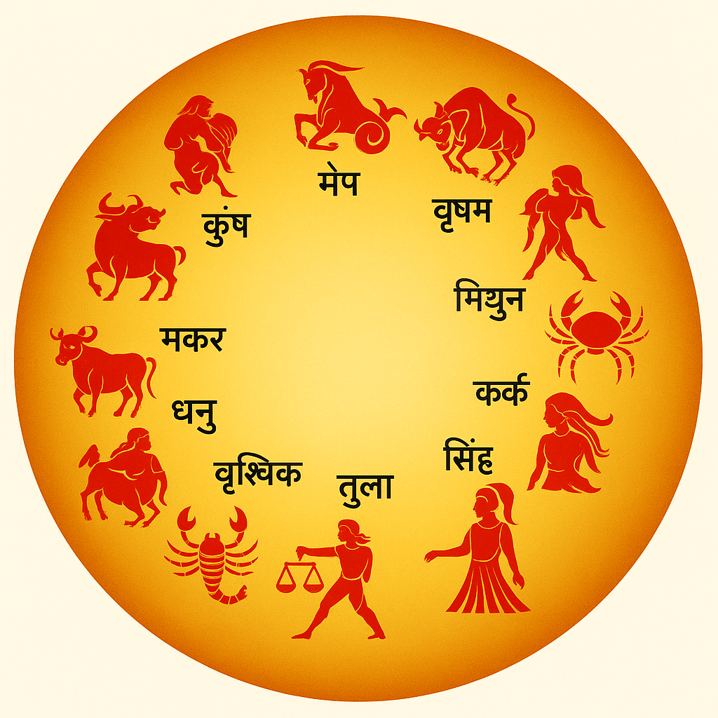 बारह राशियों का गोलाकार राशिफल चार्ट, जिसमें मेष, वृषभ, मिथुन, कर्क, सिंह, कन्या, तुला, वृश्चिक, धनु, मकर, कुम्भ और मीन के सिंबल और नाम हिन्दी में दर्शाए गए हैं।